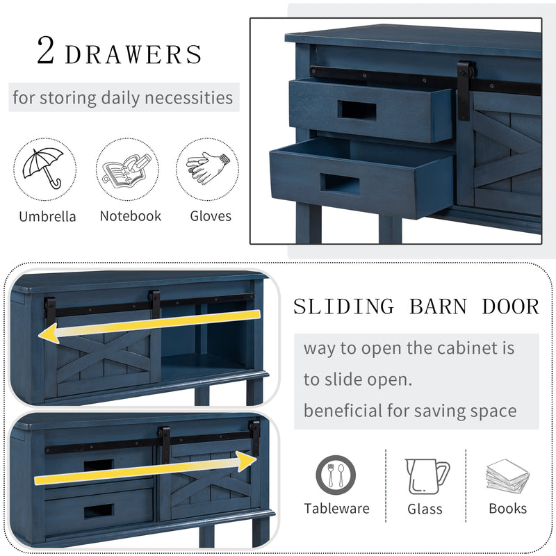 Classic Farmhouse Style Pine Wood Console Table with Sliding Barn Door and Two Drawers One Cabinet Open Style Shelf (Navy)