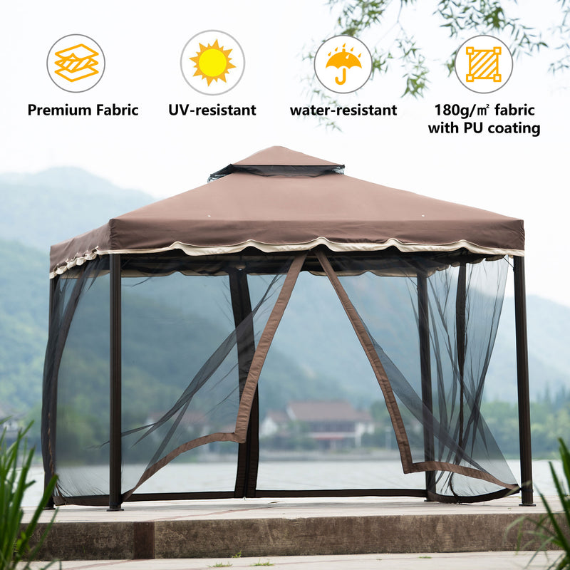 9.8Ft. Wx8.8Ft. H Outdoor Steel Vented Dome Top Patio Gazebo with Netting for Backyard, Poolside and Deck, Brown