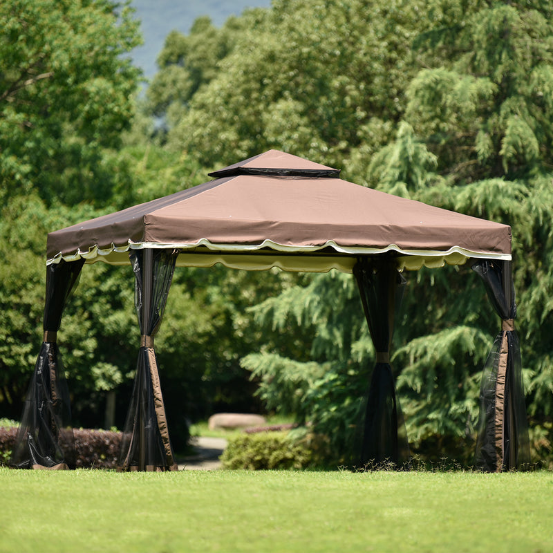 9.8Ft. Wx8.8Ft. H Outdoor Steel Vented Dome Top Patio Gazebo with Netting for Backyard, Poolside and Deck, Brown