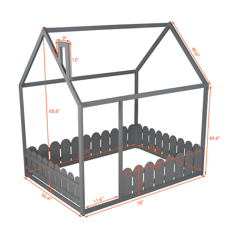 （Slats are not included)  Wood Bed House Bed Frame with Fence, for Kids, Teens, Girls, Boys