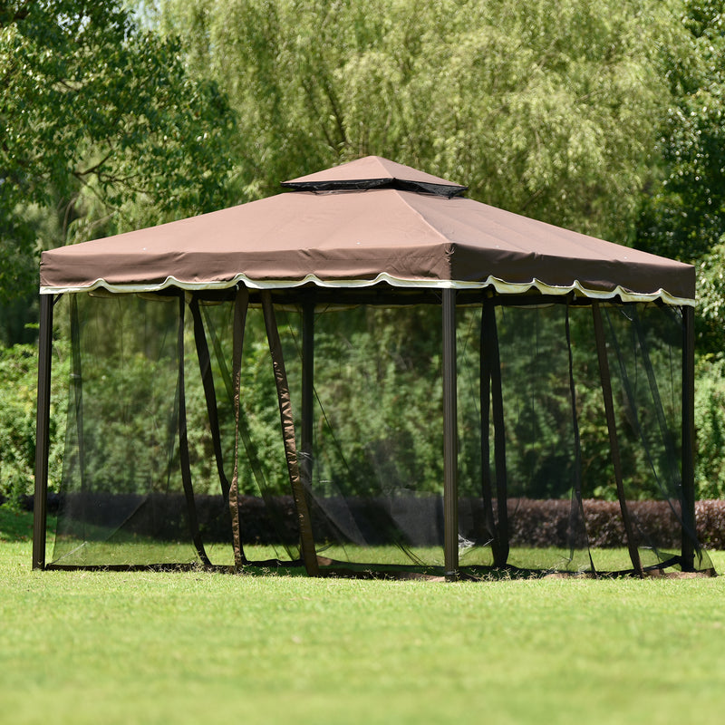 9.8Ft. Wx8.8Ft. H Outdoor Steel Vented Dome Top Patio Gazebo with Netting for Backyard, Poolside and Deck, Brown