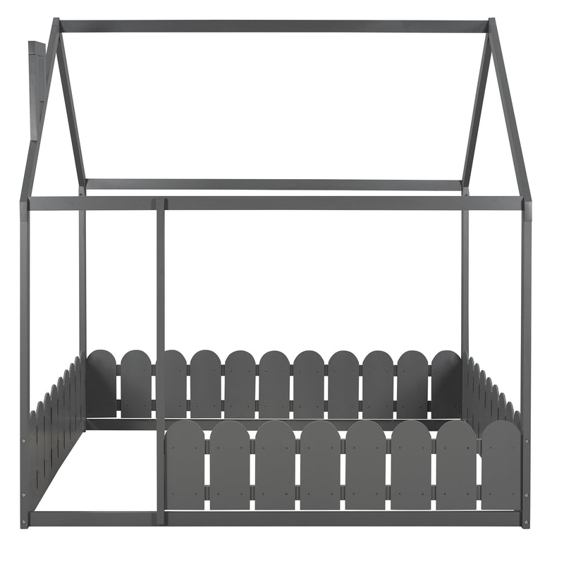 （Slats are not included)  Wood Bed House Bed Frame with Fence, for Kids, Teens, Girls, Boys