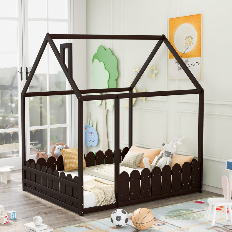 （Slats are not included)  Wood Bed House Bed Frame with Fence, for Kids, Teens, Girls, Boys