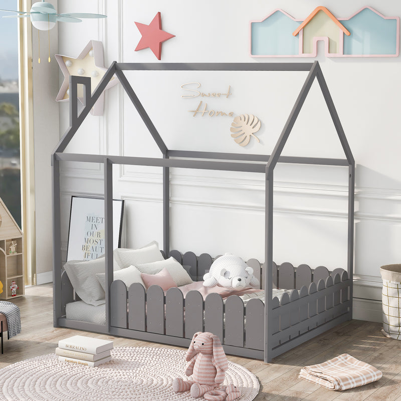 （Slats are not included)  Wood Bed House Bed Frame with Fence, for Kids, Teens, Girls, Boys