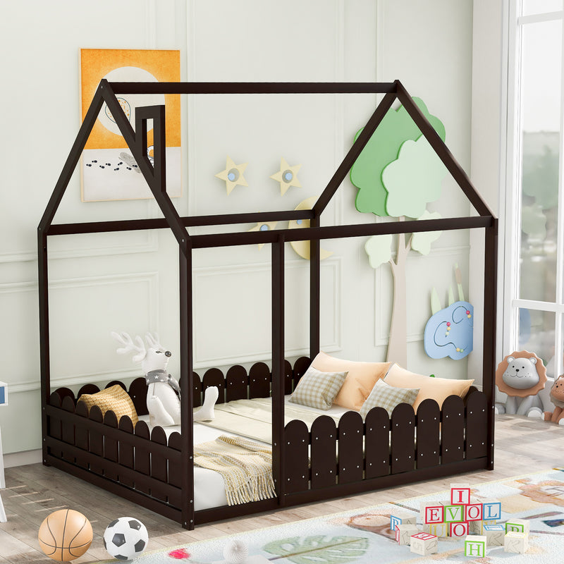 （Slats are not included)  Wood Bed House Bed Frame with Fence, for Kids, Teens, Girls, Boys