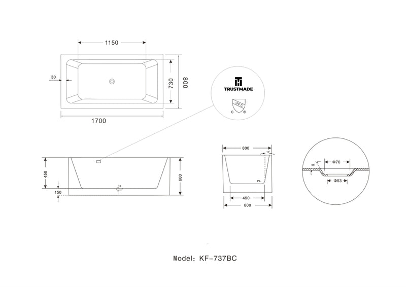 67 x 31.5 x 23.6 inch 100% Acrylic Freestanding Bathtub Contemporary Soaking Tub with Brushed Nickel Overflow and Drain