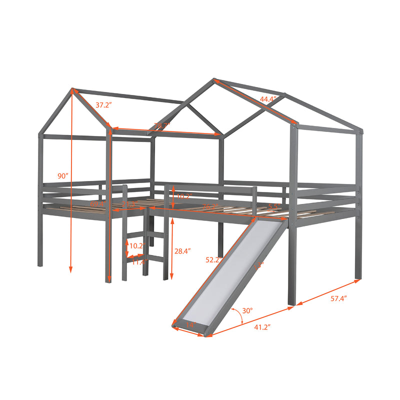 Full size Loft Bed Wood Bed with Roof,Slide,Guardrail,House Bed