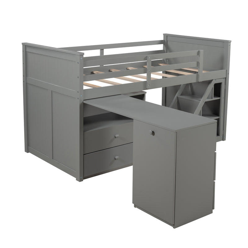 Low Study Twin Size Loft Bed With Storage Steps and Portable Desk,Gray, White