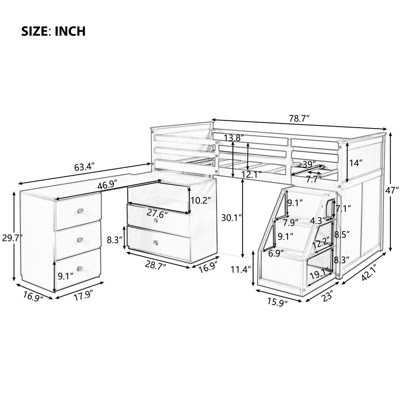 Low Study Twin Size Loft Bed With Storage Steps and Portable Desk,Gray, White