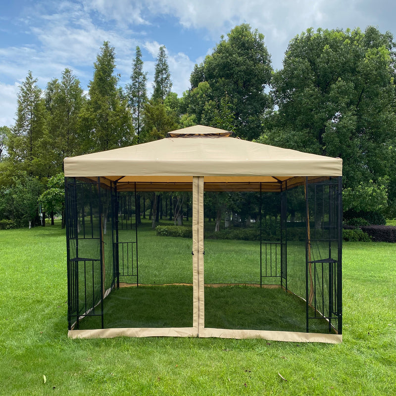 10x10Ft Outdoor Patio Gazebo Canopy Tent With Ventilated Double Roof And Mosquito Net(Detachable Mesh Screen On All Sides),Suitable for Lawn, Garden, Backyard and Deck,Beige Top