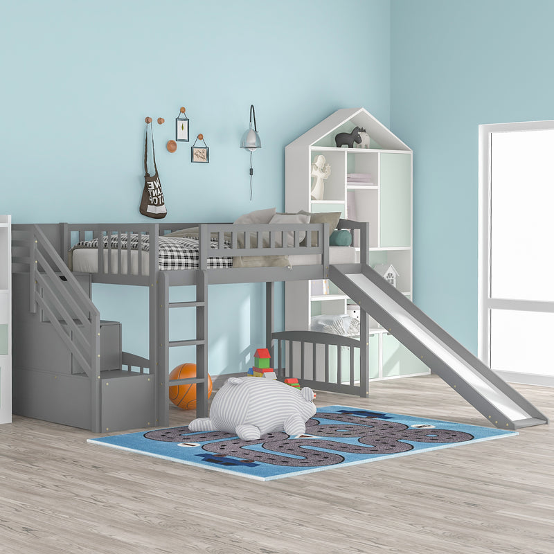 Stairway Twin Size Loft Bed with Two Drawers and Slide, Gray,White