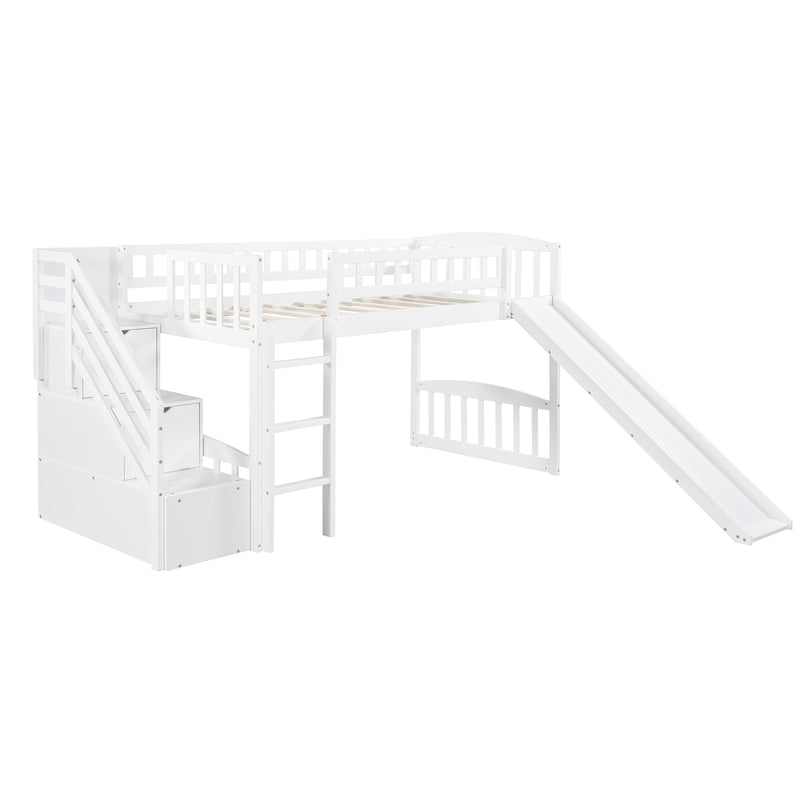 Stairway Twin Size Loft Bed with Two Drawers and Slide, Gray,White