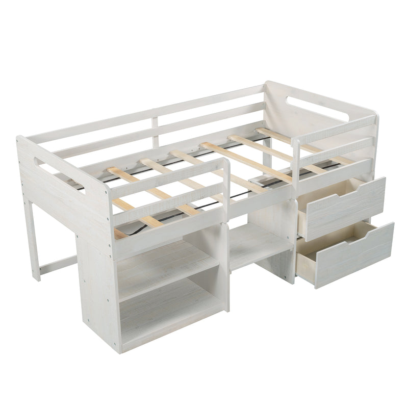 Twin size Loft Bed with Two Shelves and Two drawers