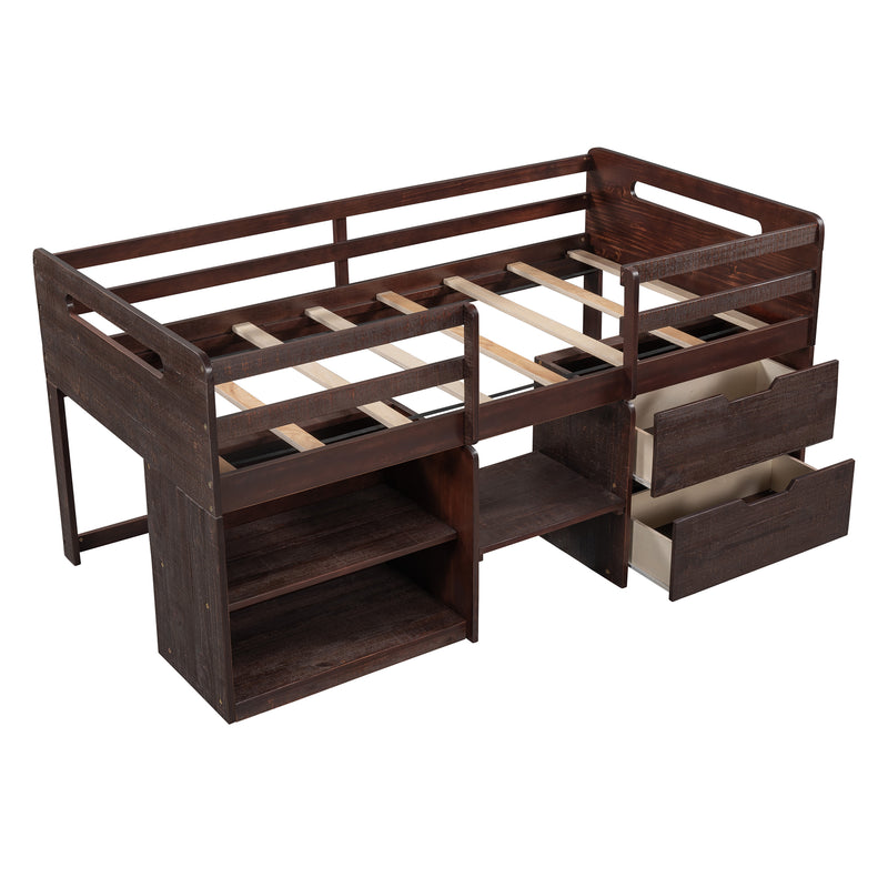 Twin size Loft Bed with Two Shelves and Two drawers