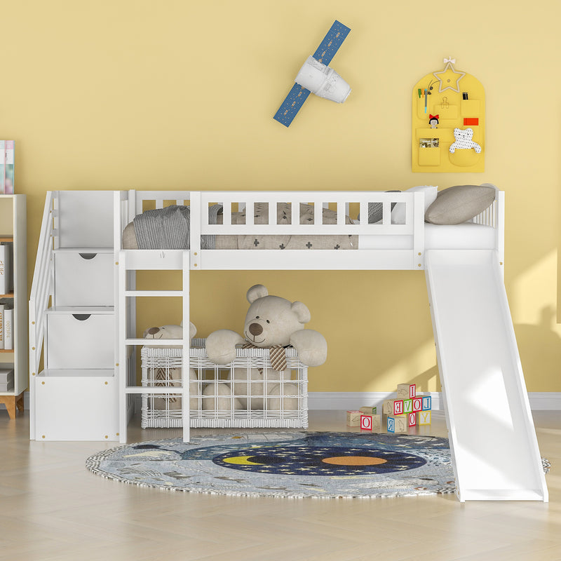 Stairway Twin Size Loft Bed with Two Drawers and Slide, Gray,White