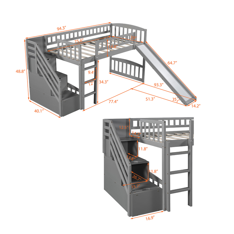 Stairway Twin Size Loft Bed with Two Drawers and Slide, Gray,White