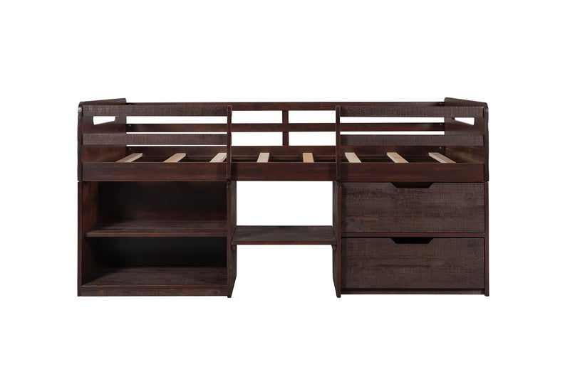 Twin size Loft Bed with Two Shelves and Two drawers