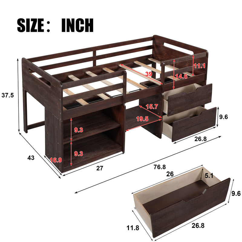 Twin size Loft Bed with Two Shelves and Two drawers