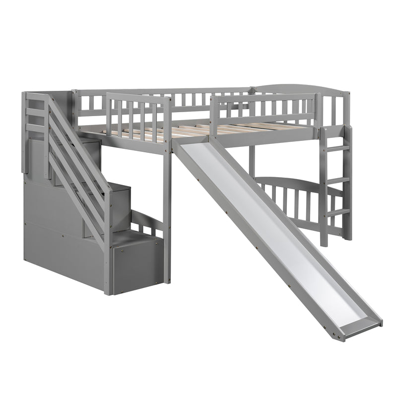 Stairway Twin Size Loft Bed with Two Drawers and Slide, Gray,White