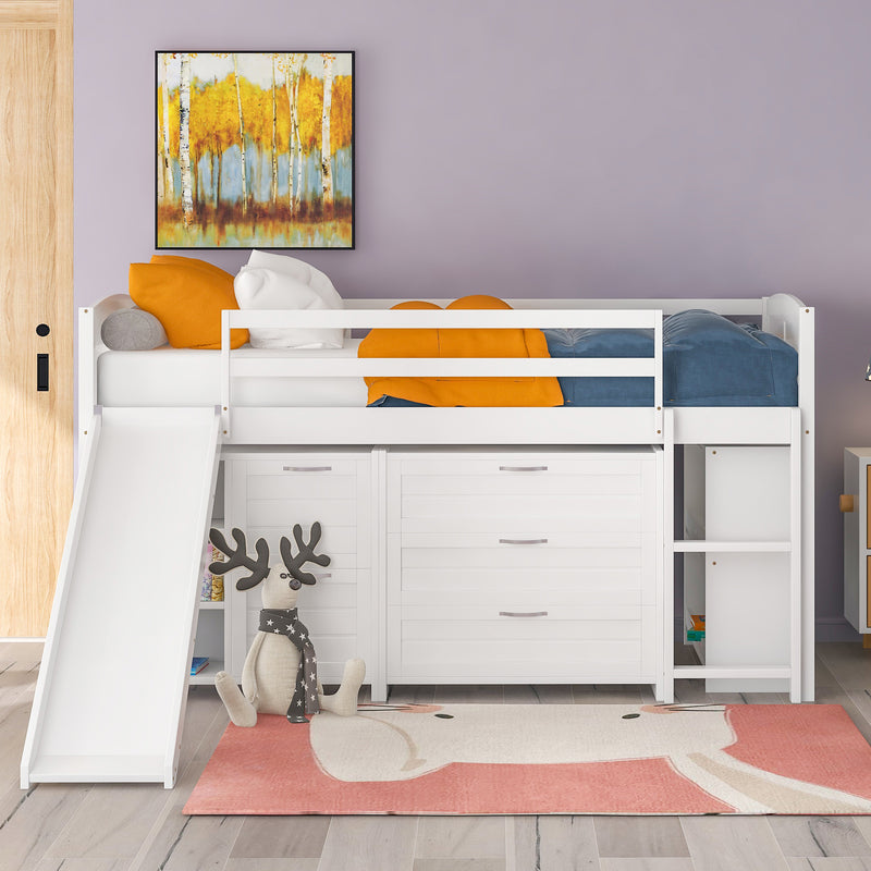 Low Twin Size Loft Bed with Cabinets, Shelves and Slide