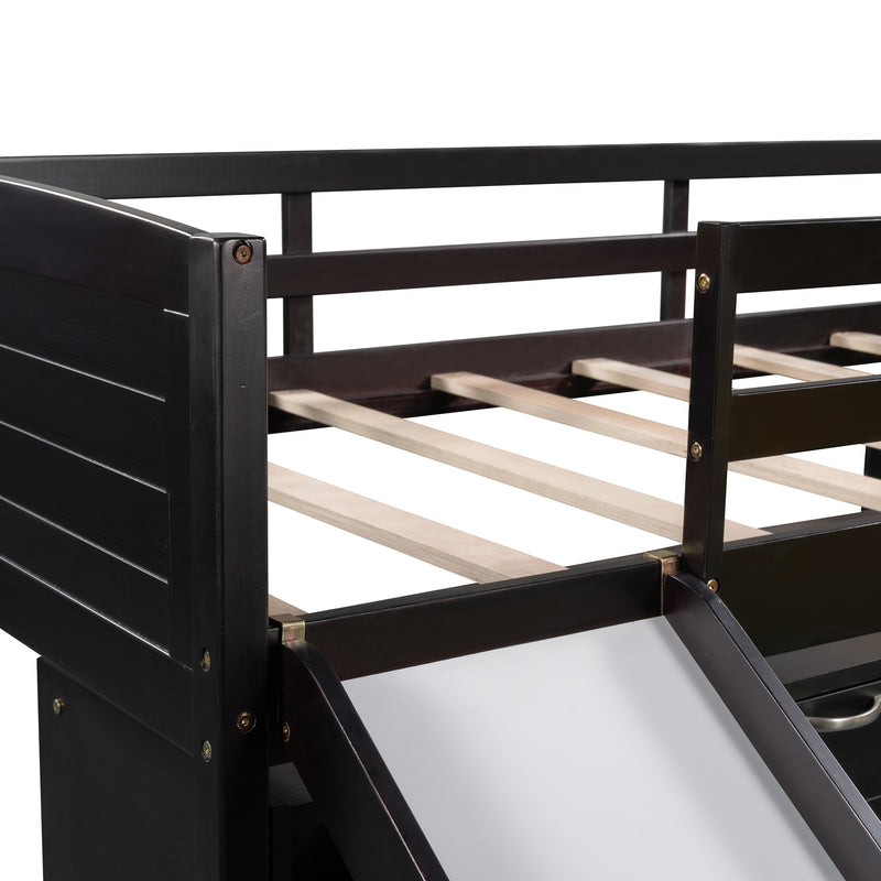 Low Twin Size Loft Bed with Cabinets, Shelves and Slide