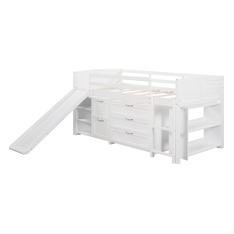 Low Twin Size Loft Bed with Cabinets, Shelves and Slide