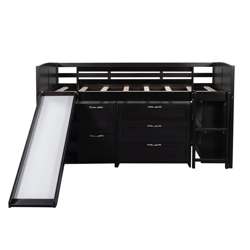 Low Twin Size Loft Bed with Cabinets, Shelves and Slide