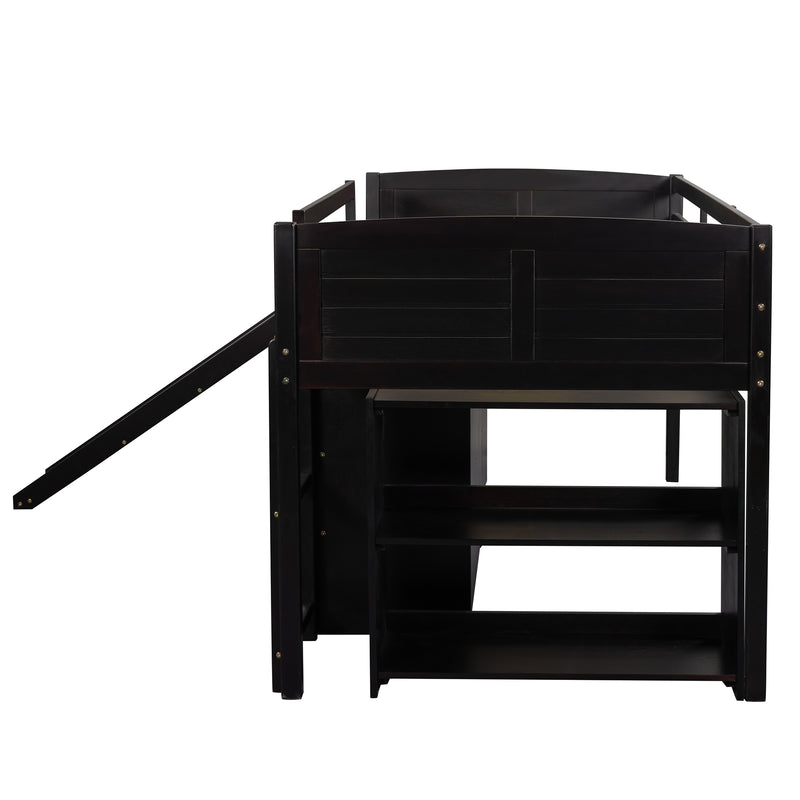 Low Twin Size Loft Bed with Cabinets, Shelves and Slide