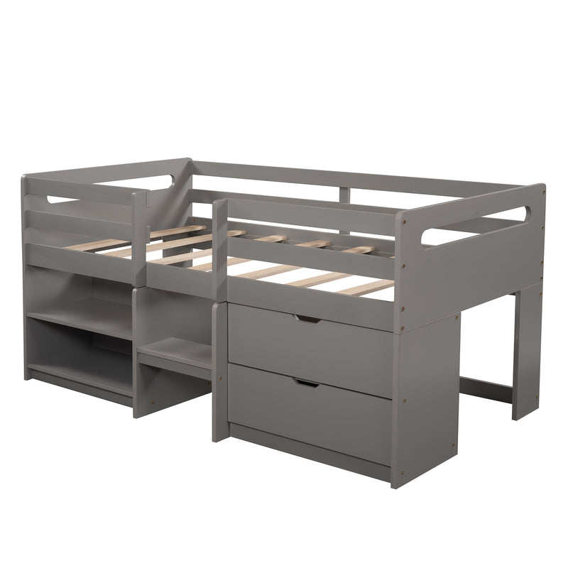 Twin size Loft Bed with Two Shelves and Two drawers