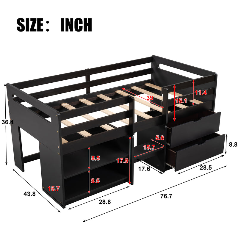 Twin size Loft Bed with Two Shelves and Two drawers