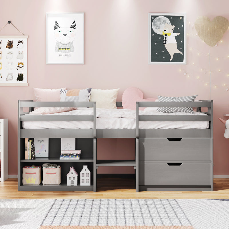 Twin size Loft Bed with Two Shelves and Two drawers