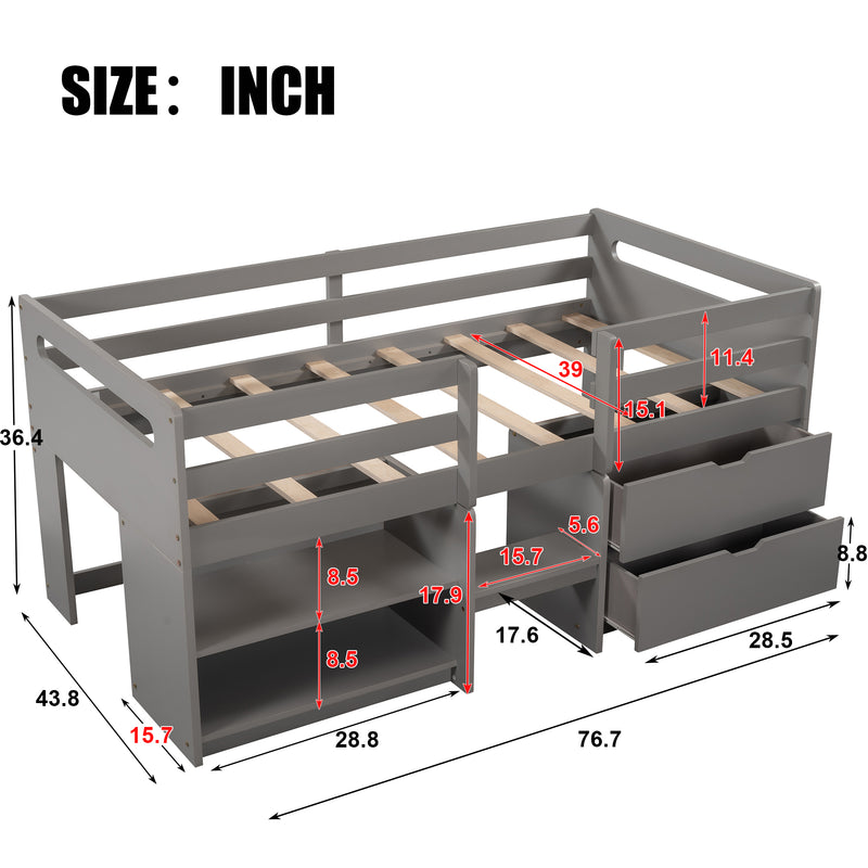 Twin size Loft Bed with Two Shelves and Two drawers