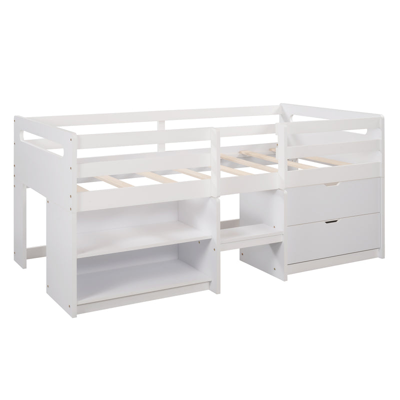 Twin size Loft Bed with Two Shelves and Two drawers