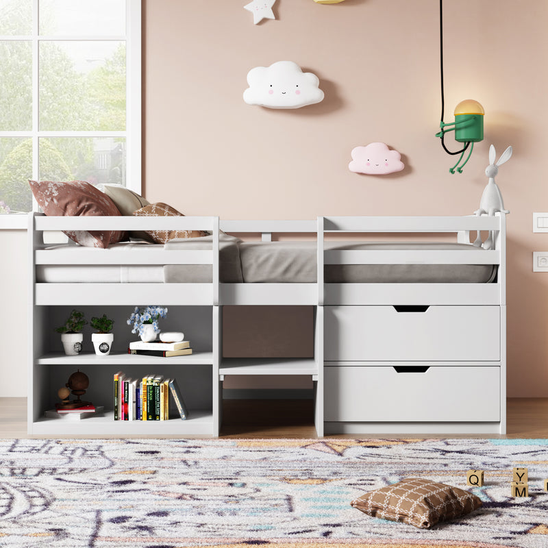 Twin size Loft Bed with Two Shelves and Two drawers