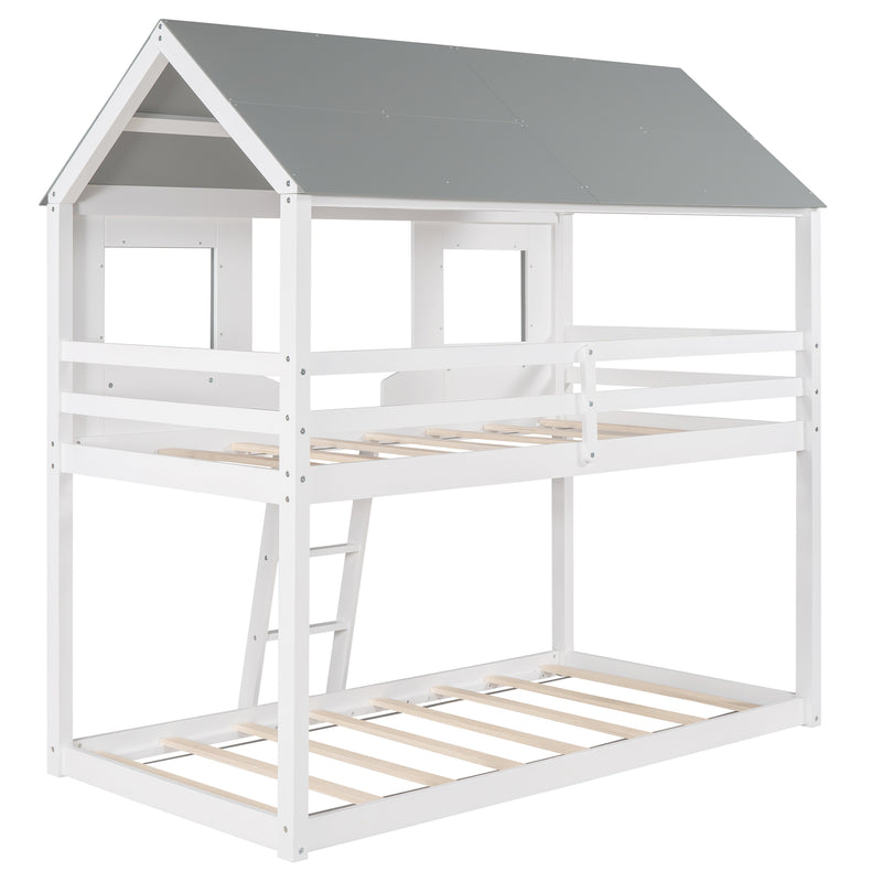 Twin Over Twin Bunk Bed Wood Bed with Roof, Window, Guardrail, Ladder (White)