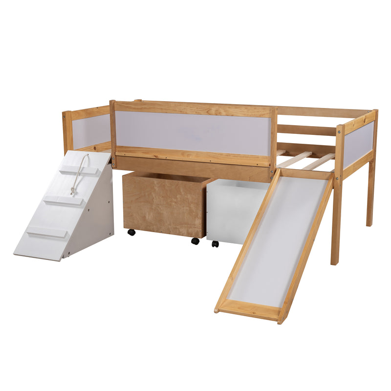 Twin size Low Loft Bed Wooden Bed with Two Storage Boxes