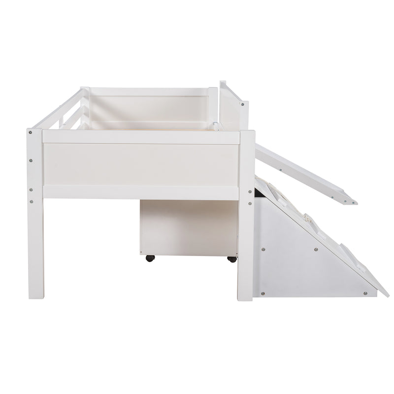 Twin size Low Loft Bed Wooden Bed with Two Storage Boxes