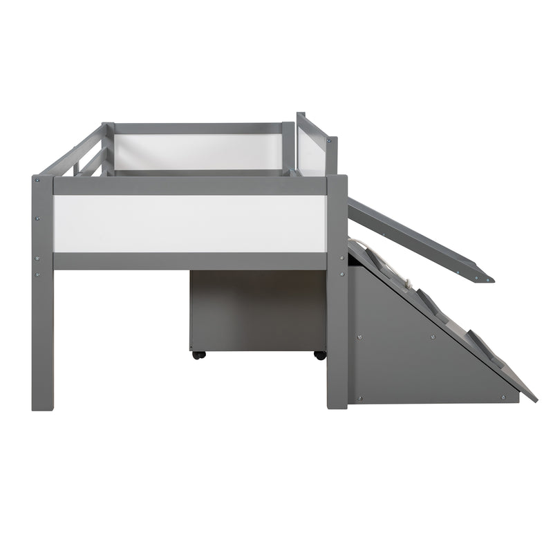 Twin size Low Loft Bed Wooden Bed with Two Storage Boxes