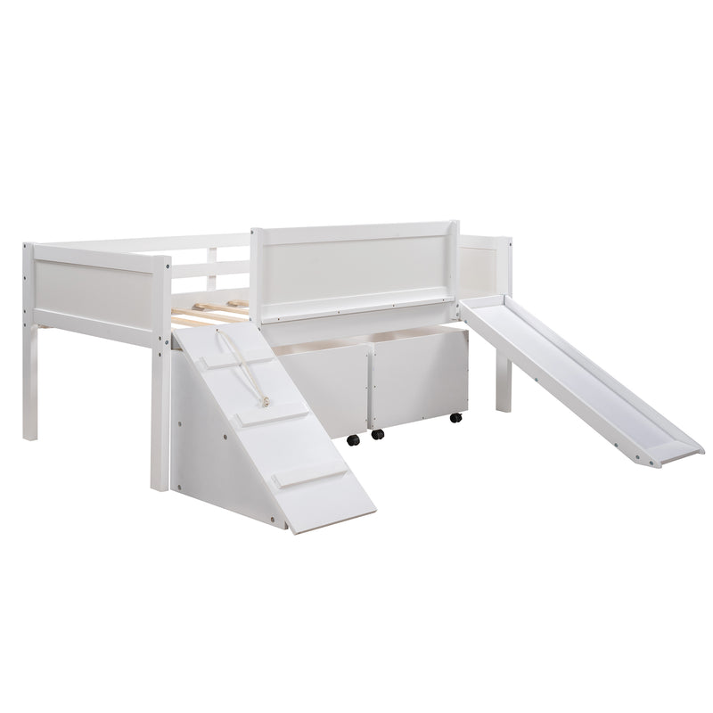 Twin size Low Loft Bed Wooden Bed with Two Storage Boxes