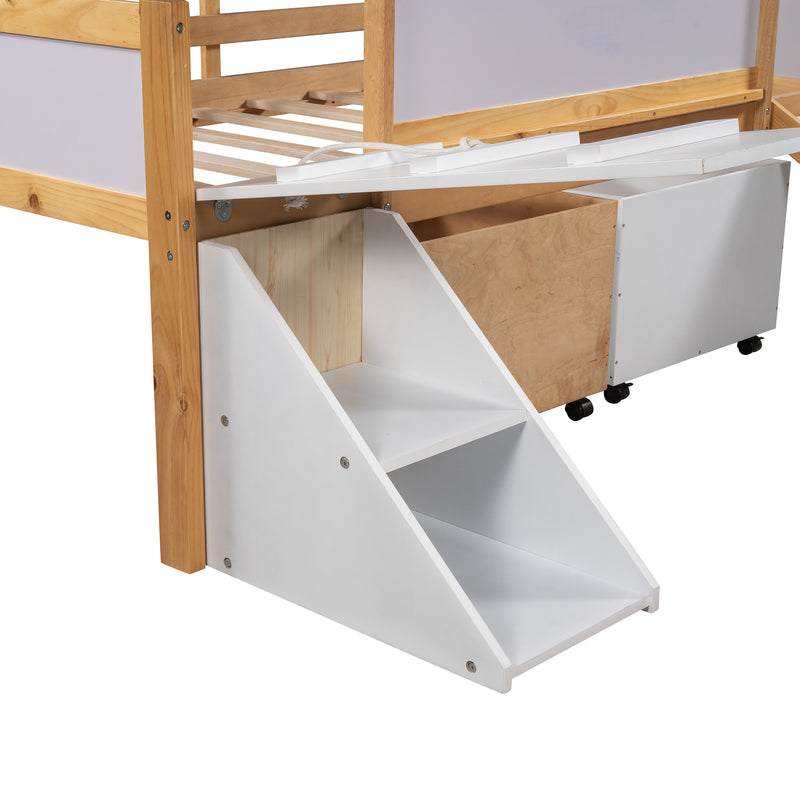 Twin size Low Loft Bed Wooden Bed with Two Storage Boxes