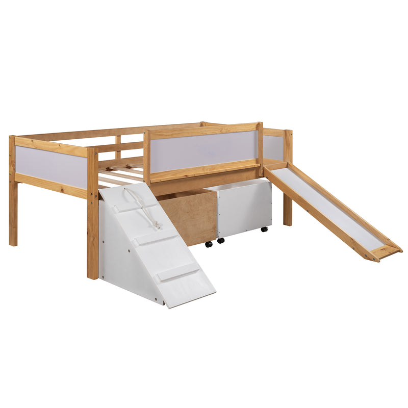 Twin size Low Loft Bed Wooden Bed with Two Storage Boxes