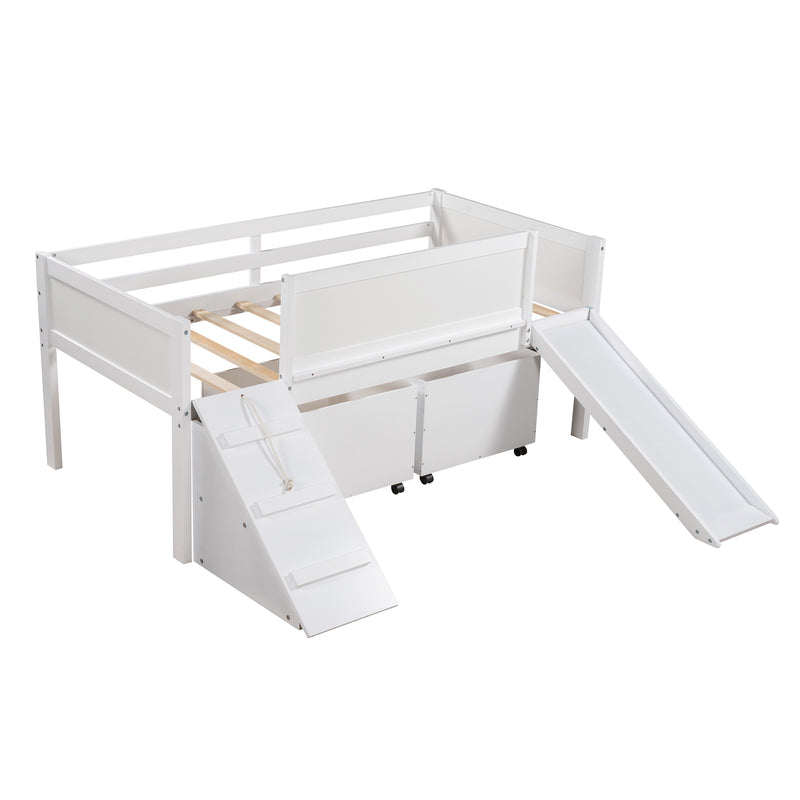 Twin size Low Loft Bed Wooden Bed with Two Storage Boxes