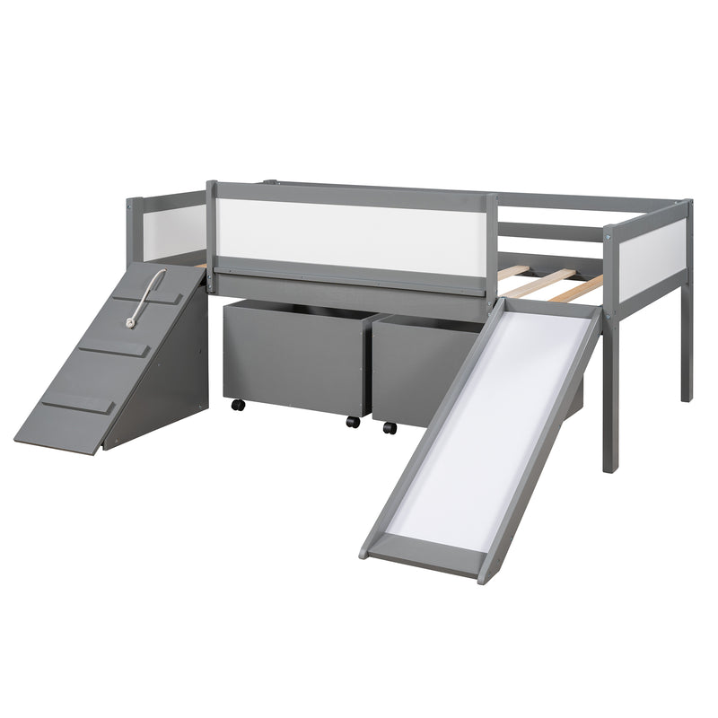 Twin size Low Loft Bed Wooden Bed with Two Storage Boxes