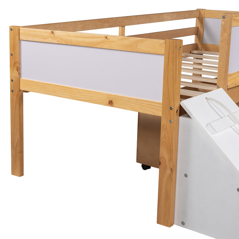 Twin size Low Loft Bed Wooden Bed with Two Storage Boxes