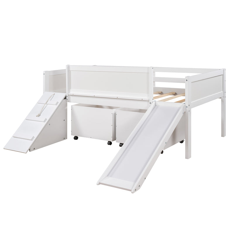 Twin size Low Loft Bed Wooden Bed with Two Storage Boxes