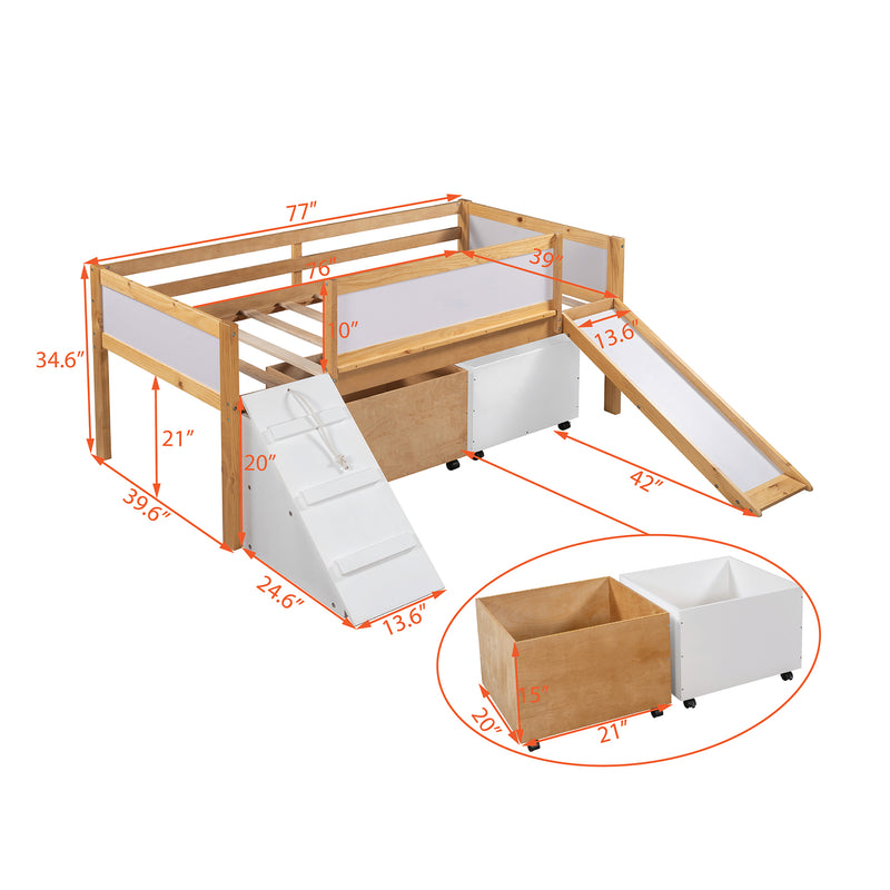 Twin size Low Loft Bed Wooden Bed with Two Storage Boxes