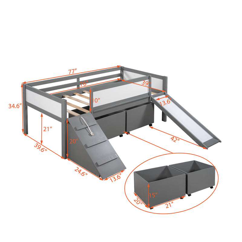 Twin size Low Loft Bed Wooden Bed with Two Storage Boxes