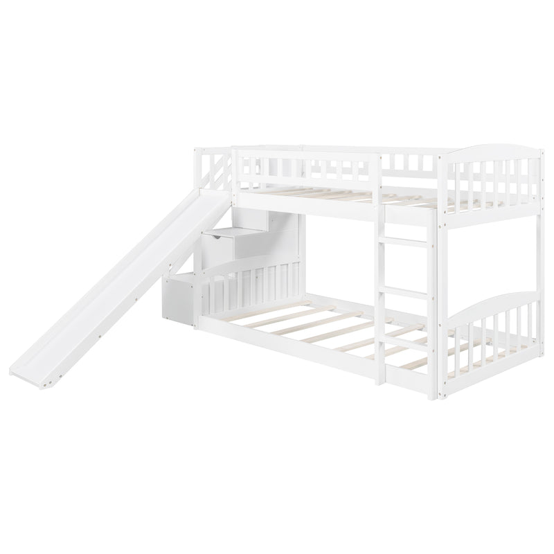 Stairway Twin over Twin Bunk Bed with Two Drawers and Slide