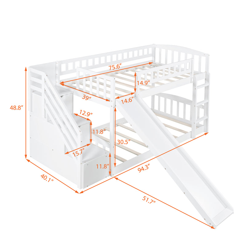 Stairway Twin over Twin Bunk Bed with Two Drawers and Slide