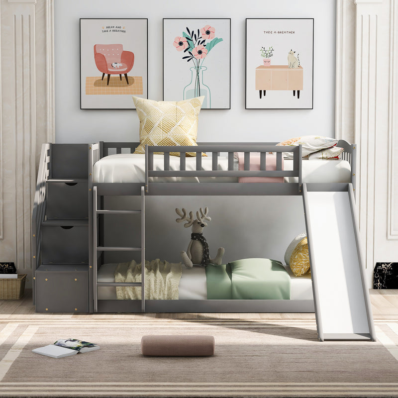 Stairway Twin over Twin Bunk Bed with Two Drawers and Slide